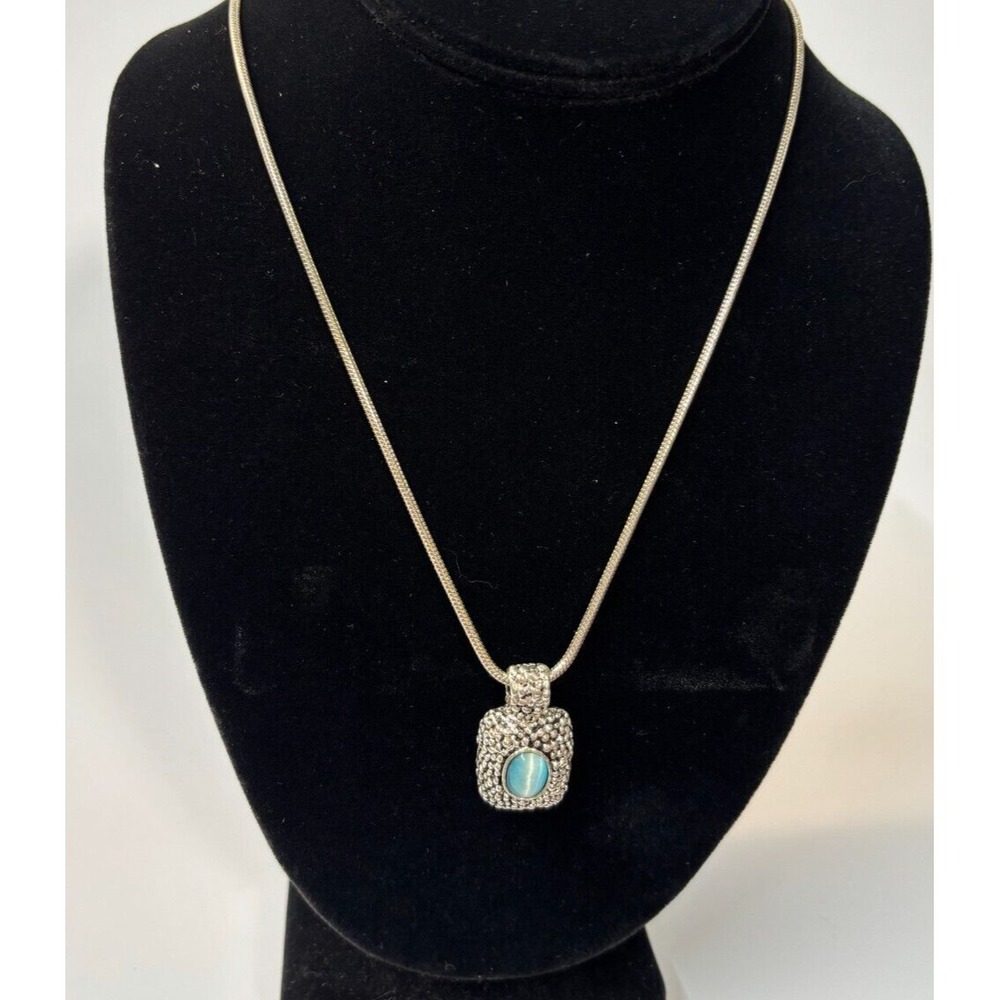 Pendant Necklace Silver Tone Blue  Thick Chain Pebbled Metal